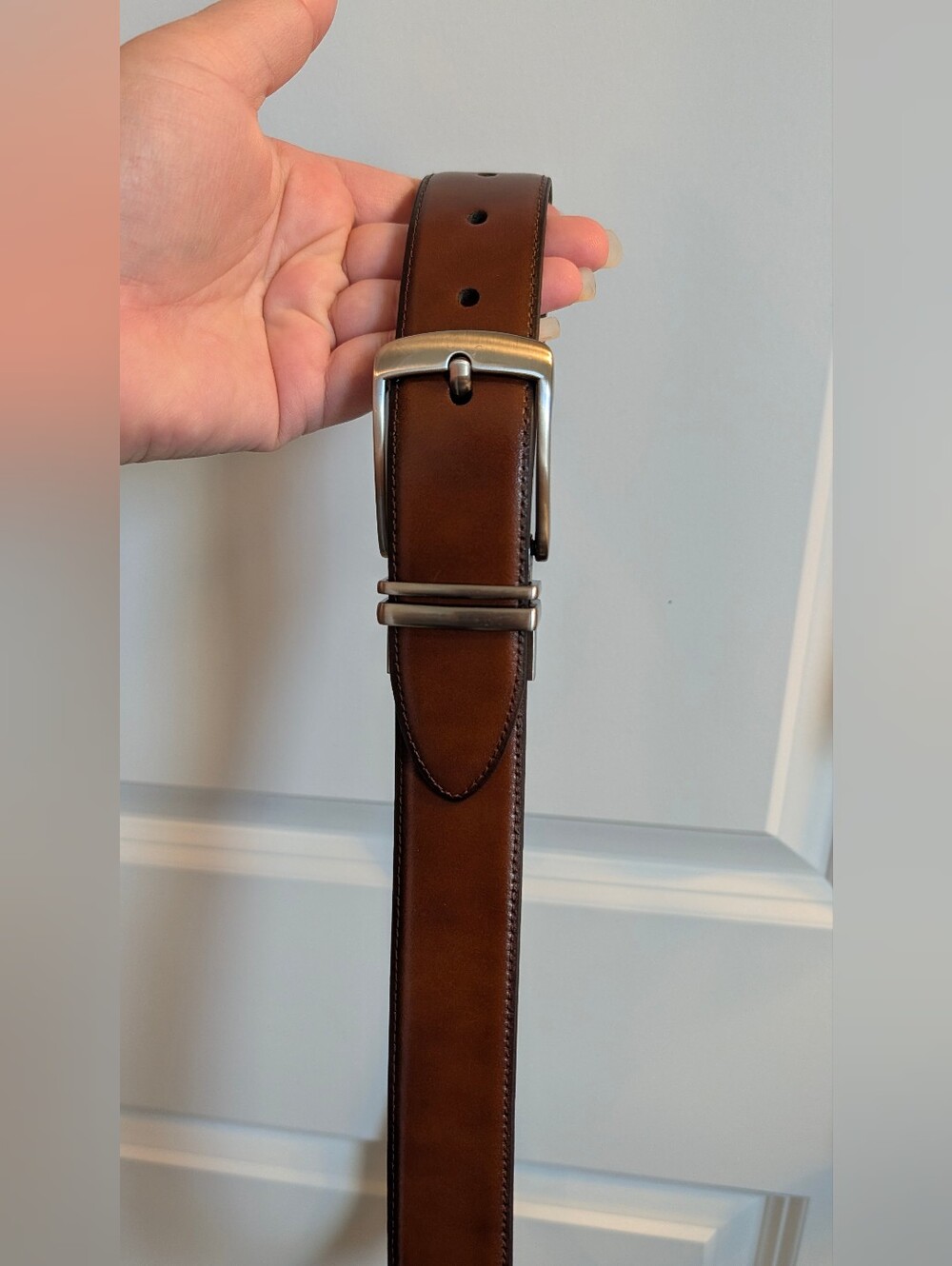 Men's Classic Brown Leather Belt with Silver Buckle